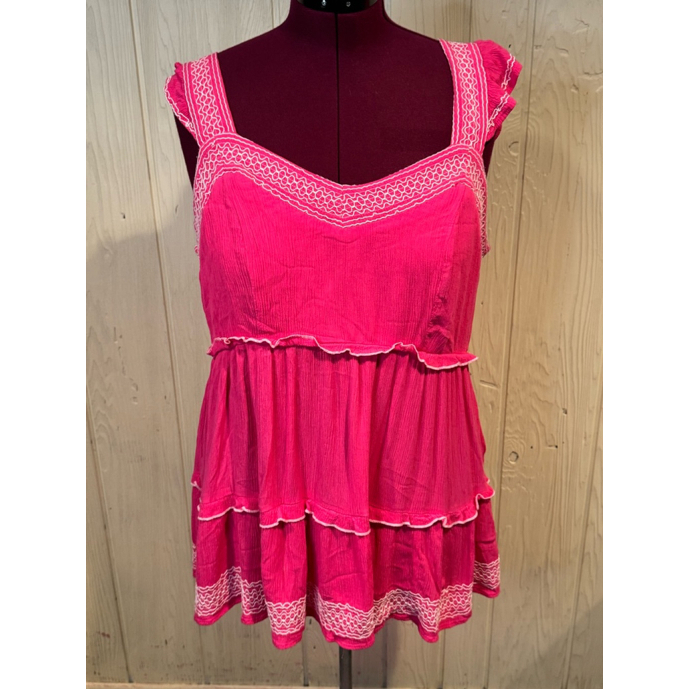 Torrid Babydoll Crinkle Gauze Embroidered Tiered Pink Top, Size 2/18-20 - Picture 2 of 10